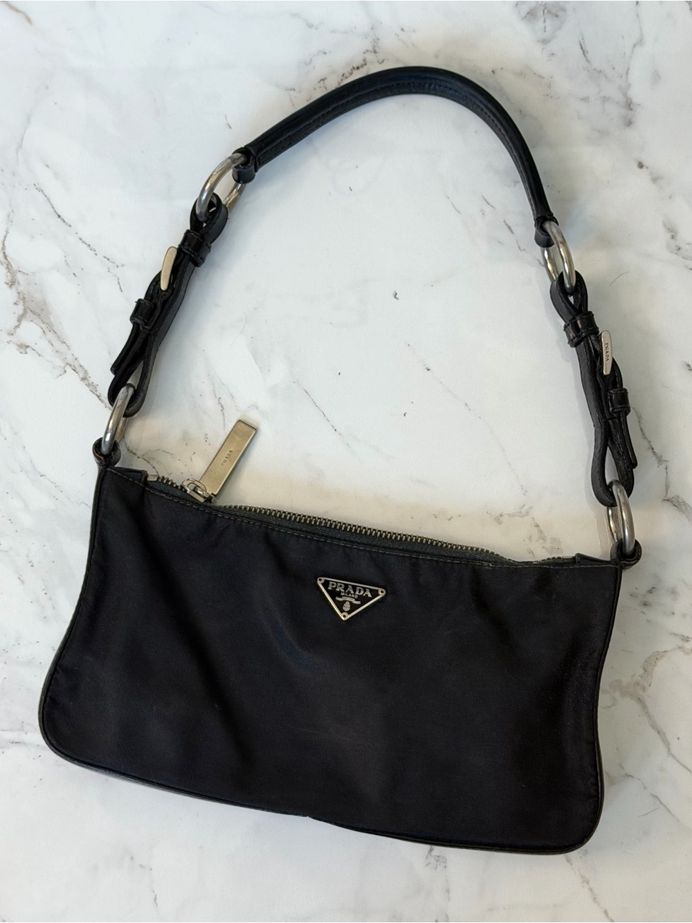 Authentic Vintage Prada Nero Tessuto Black Silver Nylon Leather Shoulder Bag